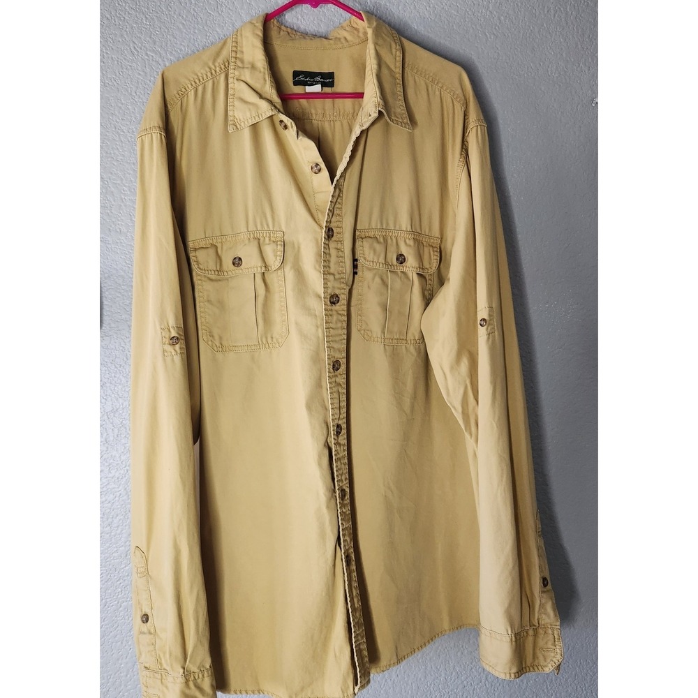 Vtg Eddie Bauer Mens XXL Tall Cotton Twill Shirt Yellow Field Workwear Gorpcore